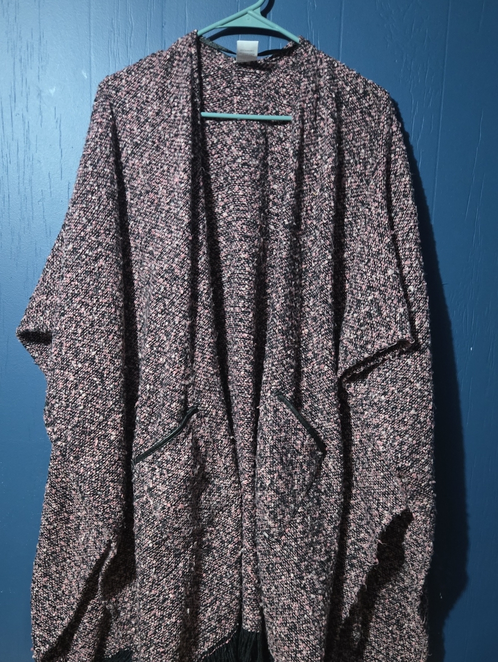 Time and Tru Pink and Black Bouclé Open-Front Cardigan
